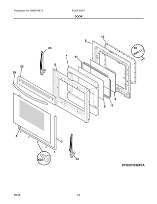 Door Diagram and Parts List for  Frigidaire Range