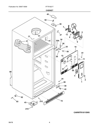 Cabinet Diagram and Parts List for  Frigidaire Refrigerator