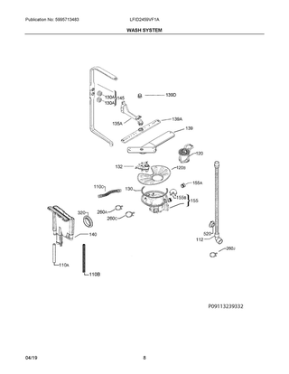 Wash System Diagram and Parts List for  Frigidaire Dishwasher