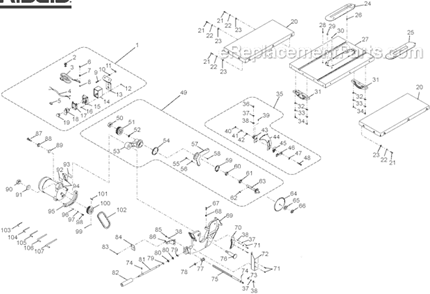 Page A Diagram and Parts List for  Ridgid Table Saw