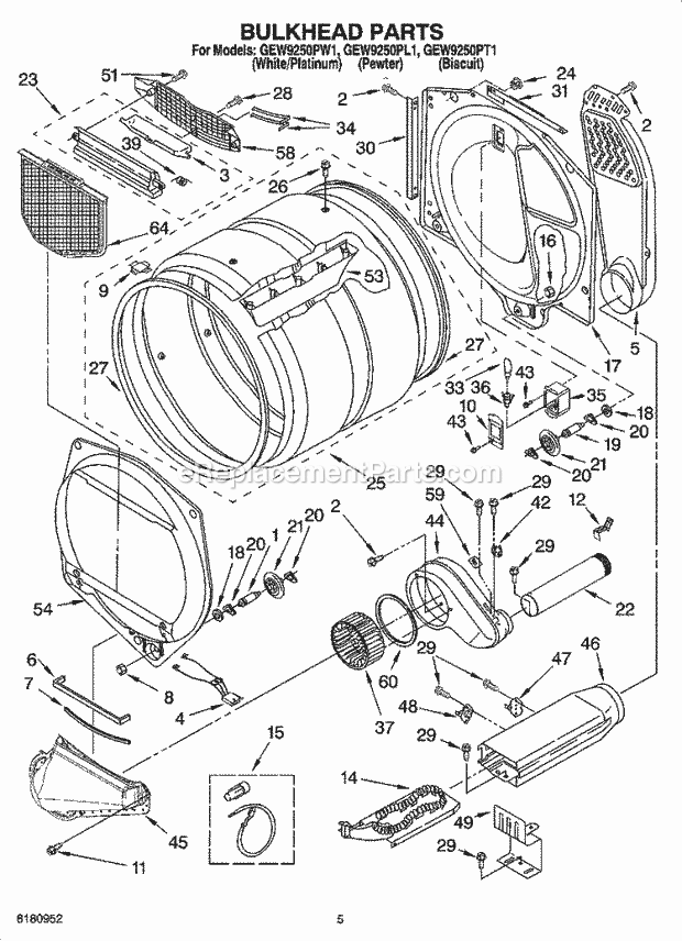 Bulkhead Parts Diagram and Parts List for  Whirlpool Dryer