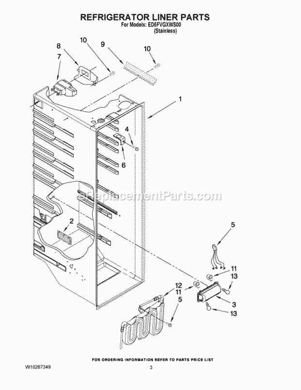 REFRIGERATOR LINER PARTS Diagram and Parts List for  Whirlpool Refrigerator