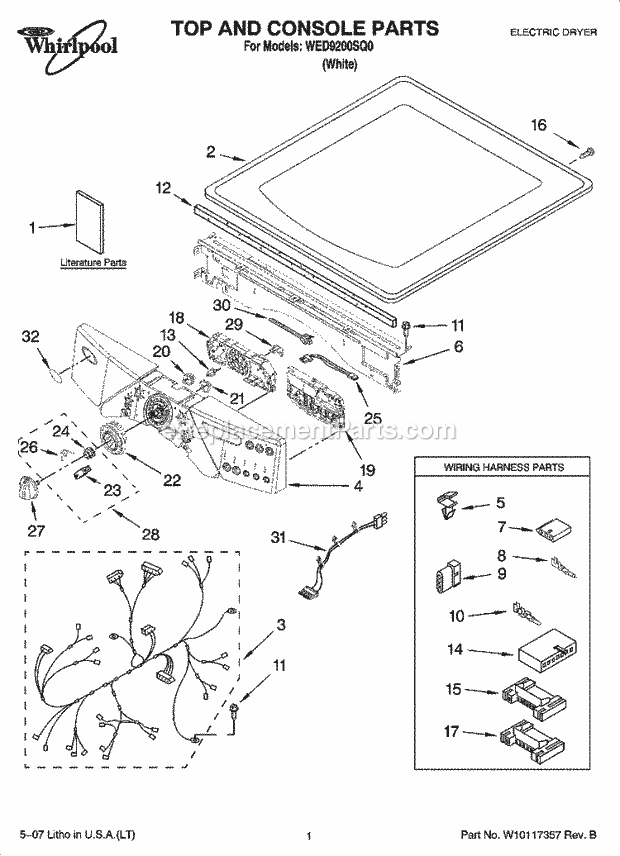 TOP AND CONSOLE PARTS Diagram and Parts List for  Whirlpool Dryer