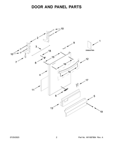 Door And Panel Parts Diagram and Parts List for  Whirlpool Dishwasher