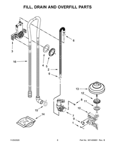 Fill, Drain And Overfill Parts Diagram and Parts List for  Whirlpool Dishwasher