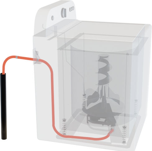 3D rendering of a washer with a grey agitator and pump, and the drain hose connecting the tub to a standpipe marked in red.